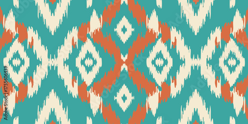 Seamless Ikat Pattern in Teal and Coral Tones - Bohemian Textile Design
