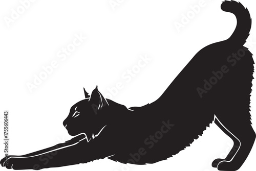 Sleek black cat silhouette stretching gracefully displaying agility and flexibility in motion