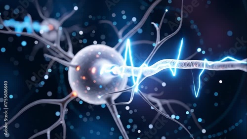 Animation of a neuron firing a nerve impulse. An electrical signal travels down the axon of a nerve cell. Neuroscience and brain communication concept