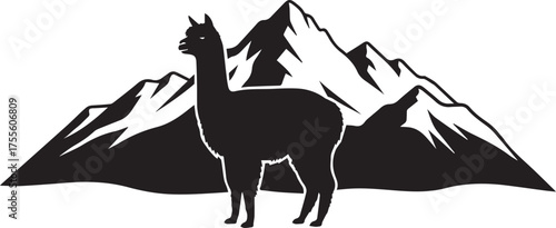 Silhouette of a standing alpaca in front of majestic mountain range landscape