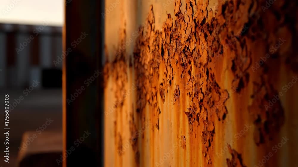 Close up view of a rusty peeling painted metal with an abstract texture as a weathered degradation concept footage.