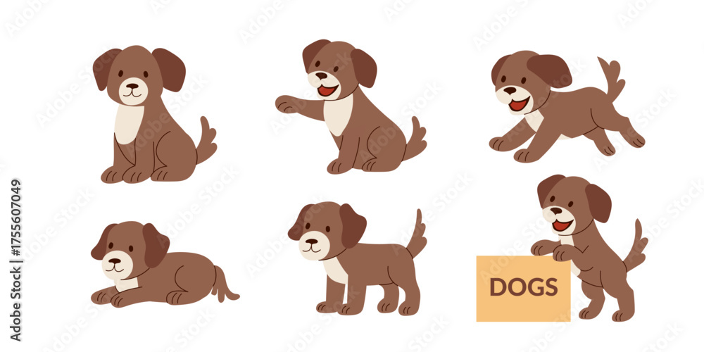 Fototapeta premium Set of dogs in different poses isolated on white background. Dogs cliparts. Vector flat illustration. 