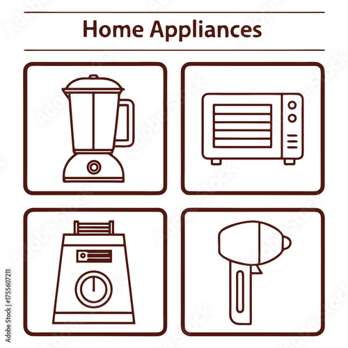 Home appliances icons set blender microwave food processor hair dryer for smart home