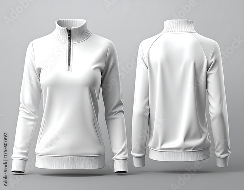 Two views of a blank, white, mock-up zipper sweatshirt with a high collar against a gray backdrop