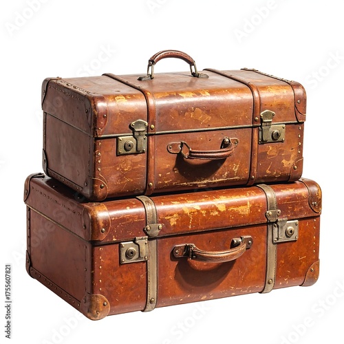 Two vintage brown leather suitcases stacked, isolated on white background, showing wear