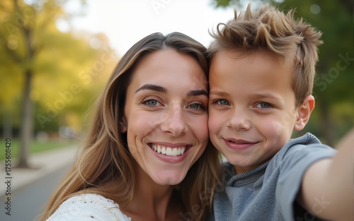 Mom and son taking selfie outside - Happy family celebrating mother's day together. High quality