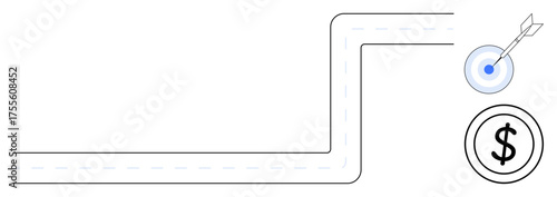 Curved road leading to a blue target with arrow and dollar sign, symbolizing goals, achievement, strategy, and financial success. Ideal for business growth, goal setting, planning, finance career
