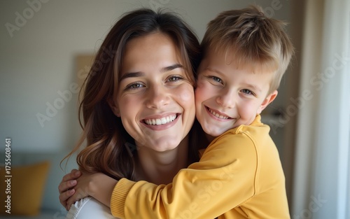 Young mom and her son hugging each other tightly. Mother kid relationship. High quality