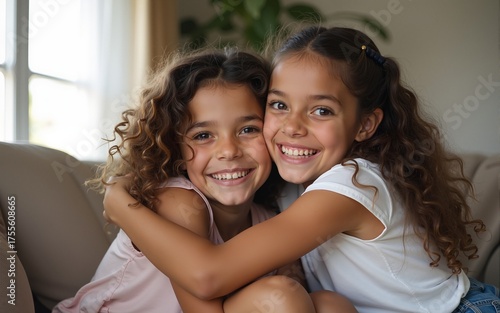 Happy, smile and portrait of sisters hugging while sitting on a sofa in the living room at the family home. Happiness, love and girl siblings from puerto rico bonding while relaxing on couch together