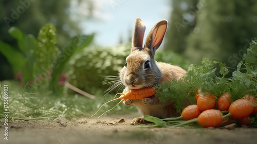 Captivating brown rabbit delicately holding a small vibrant orange carrot outdoors