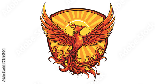 Majestic fiery phoenix emblem rising with vibrant sun rays behind it