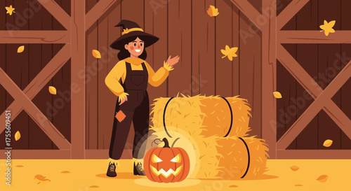 Whimsical autumnal scene featuring a witch, pumpkin and hay bales in a barn