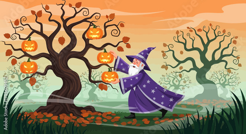 Enchanting halloween harvest: A wizard's pumpkin patch in the mystical woods