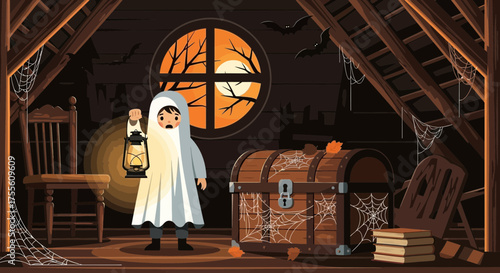 Spooky Halloween night in the old attic with a friendly ghost and full moon