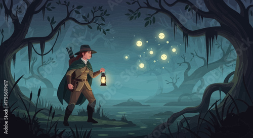 Brave explorer venturing through eerie glowing swamp with mysterious lantern