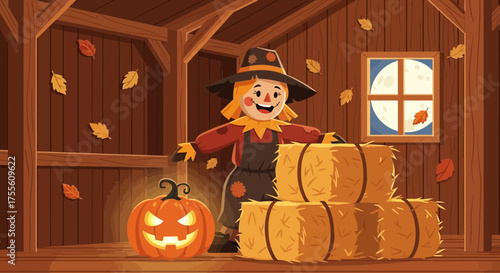Festive autumn scene featuring a scarecrow and pumpkin inside a wooden barn
