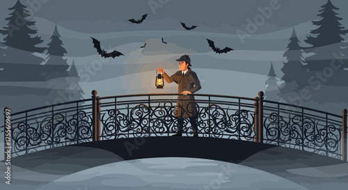 Nocturnal pursuit: a detective's silhouette amidst the ethereal landscape