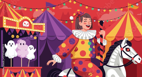 Whimsical Halloween Carnival: A Festive Scene with Clown and Spooky Treats