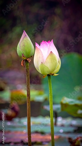 Two water lilies, one blooming, the other a closed bud, rise from lily pads on a pond