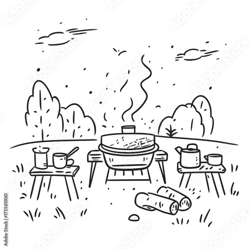 cute hand drawn cartoon outline line art of indulging in outdoor cooking experiences