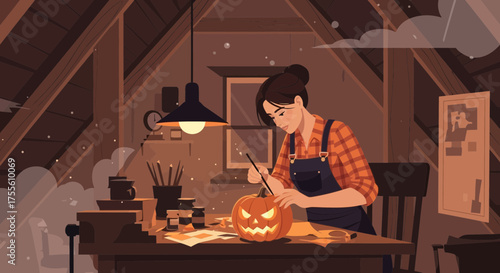Halloween anticipation: A woman carves a pumpkin in her cozy attic workshop