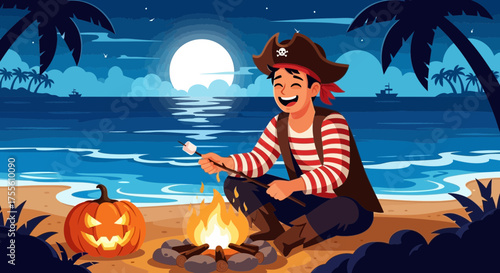 Halloween Beach Bonfire with Pirate and Jack-o'-Lantern under Moonlight