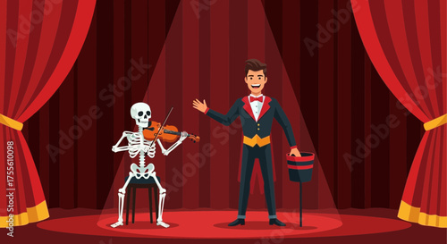 A Whimsical Theatrical Performance Featuring a Magician and a Musical Skeleton