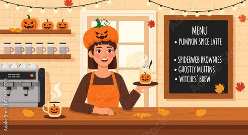 Festive Autumn Cafe: A Barista Serving Halloween Treats and Pumpkin Spice Latte