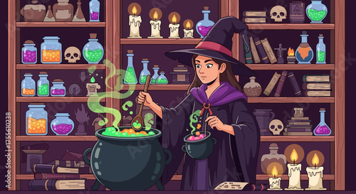 Enchanting illustration of a young witch conjuring a magical potion in her whimsical lab