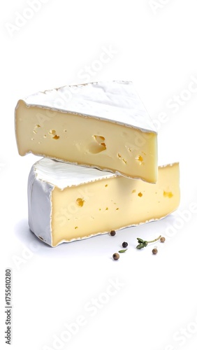 Two wedges of soft, creamy cheese with white rind, stacked, scattered peppercorns and herbs