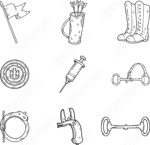 Archery and Hunting Adventure Items Line Art Vector Set with Flag Quiver Boots Target Pistol Bridle and More