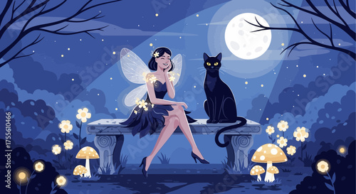 Whimsical nocturnal scene featuring a fairy, black cat, and glowing flora