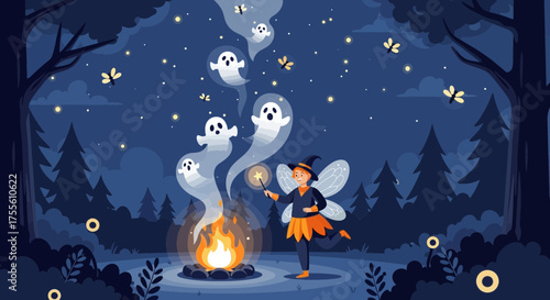 Enchanting fairy conjures playful spirits by a cozy forest campfire at twilight