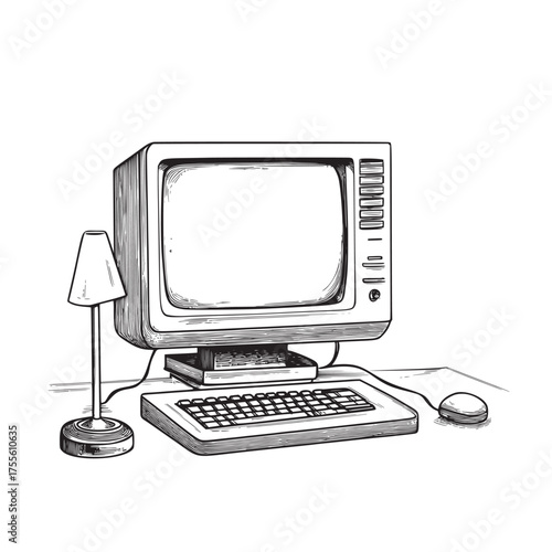 doodle outline line art illustration of retro desktop with beige casing