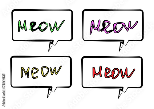Four speech bubbles each containing “MEOW” in playful, colorful hand-drawn styles — fun, whimsical design perfect for cat lovers, pet themes, or lighthearted communication visuals.