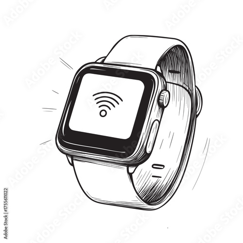 black and white hand drawn vector outline of smartwatch receiving notifications