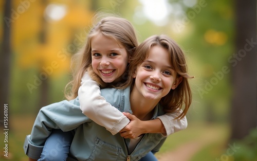 Outdoor, piggyback and sister with smile, child and bonding in nature, thinking and happy in forest. Love, girls and fun in woods, carrying and teenager with care for kid, siblings and contemplating