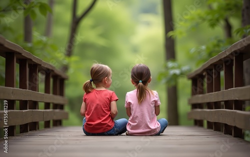 Siblings sitting on a wooden bridge in a forest, portrait. High quality