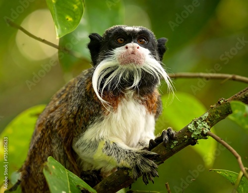 A cute emperor tamarin monkey with a white moustache perches on a lichen covered branch in its natural habitat