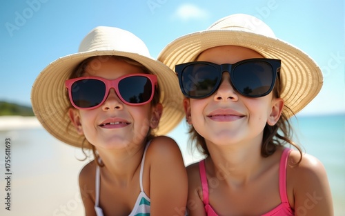 Two siblings making silly faces while wearing oversized sunglasses and hats at the beach. High quality