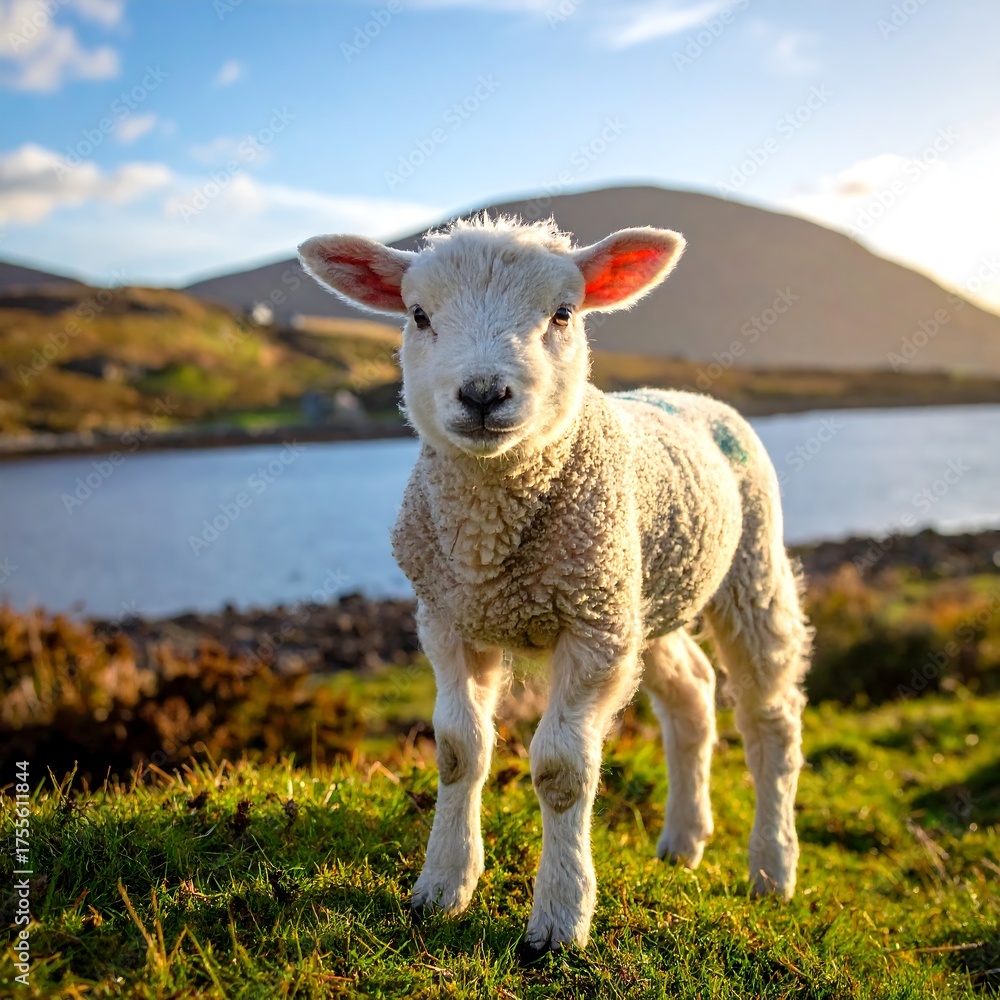 Fototapeta premium A fluffy, innocent lamb stands in a sunlit field overlooking a tranquil lake with distant mountains. Soft light illuminates the adorable creature