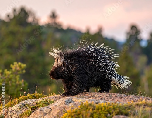 A porcupine atop a mossy rock, with trees blurred in background, under a pastel sky, lit by soft golden light