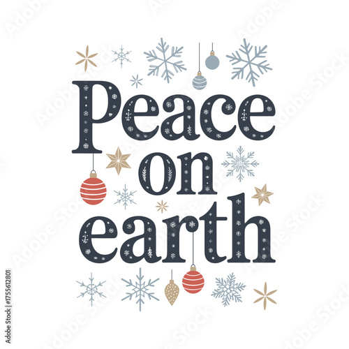 Peace on earth festive christmas typography design with snowflakes and ornaments