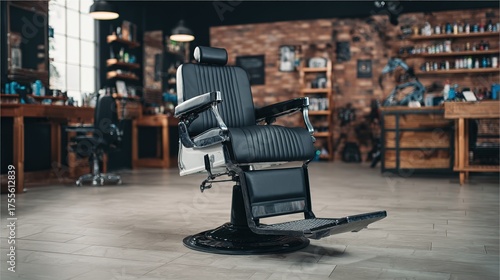 razor. A vintage barbershop chair reflects in a warm and elegant interior with classic grooming ambiance. lifestyle magazines.