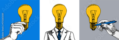 Surreal modern collage set of sketch businessman in suit with light bulb head and hand with pensil. Ideas and creativity concept. Retro hand drawn vector illustration