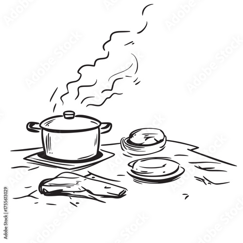 pencil outline line art illustration of indulging in outdoor cooking experiences