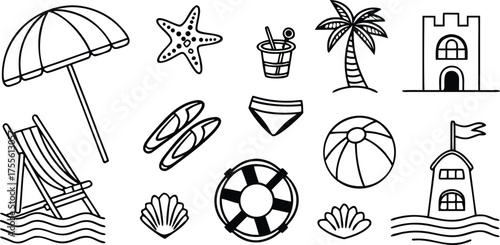 Line art summer vacation set with beach umbrella and sandcastle for coloring pages and design projects
