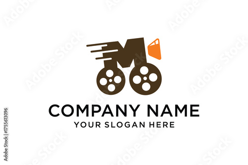 Logo Vector Dynamic M Letter Film Production Logo with Moving Cinema Reels and Clapboard Icon