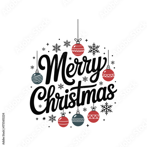 Merry christmas typography design with festive ornaments and snowflakes t shirt graphic