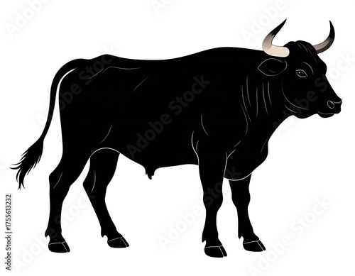 Vector depiction of a bull with a dark body, white outline, and white horns, standing